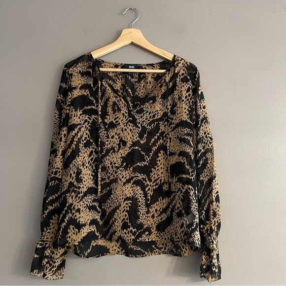 PAIGE Tops - Paige Black Label Womens 100% Silk Cheetah Print Blouse Sheer Black Tan Size S